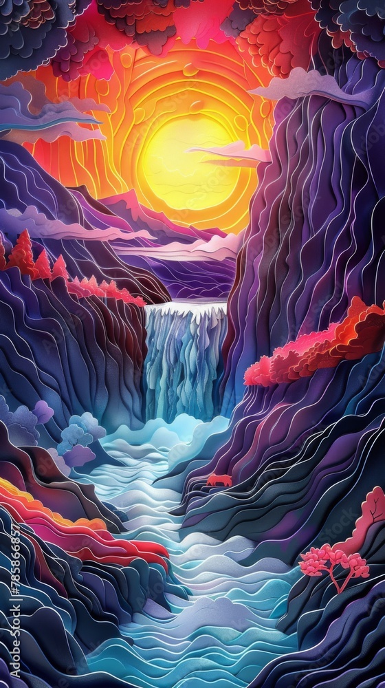 Fototapeta premium Angel Falls Waterfall Waterfalls Sunrise Sunset Landscape Paper Cut Phone Vertical Wallpaper Background Illustration 