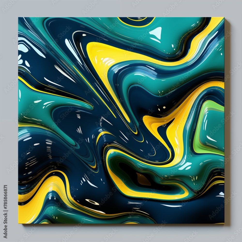 Vibrant Abstract Marble Effect Painting with Blue, Yellow, and Green Swirls on Canvas