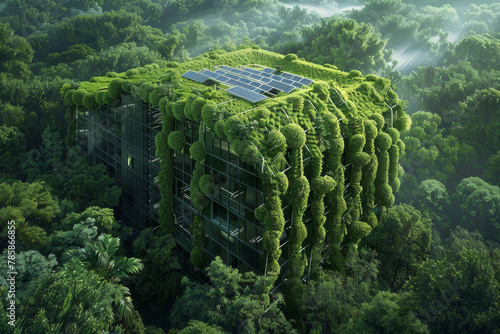 A lush green building with a green roof and a view of the mountains