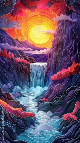 Angel Falls Waterfall Waterfalls Sunrise Sunset Landscape Paper Cut Phone Vertical Wallpaper Background Illustration 