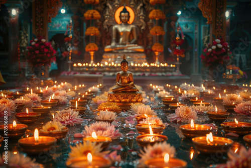 Illuminated shrine adorned with candles symbolizing devotion on Buddha Purnima © Venka