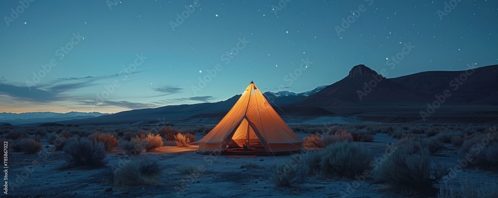 Creative desert exploration: a minimalist tent pitched under a starry night sky.