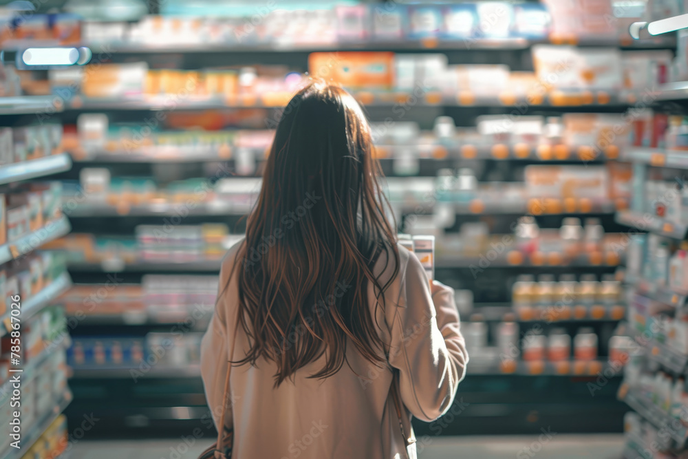A woman is shopping in a store and is looking at the medicine section A woman is shopping in a store and is looking at the medicine section