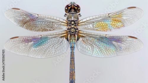 The segmented body of a dragonfly with each individual segment clearly visible and the iridescent hues of its wings in full display.