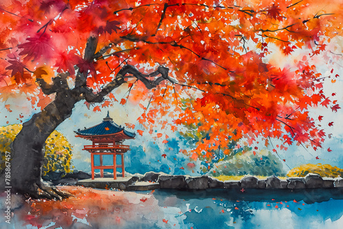 A painting of a tree with red leaves and a building in the background photo