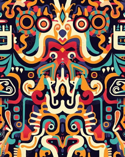 Dynamic Aztec abstract art, expressing free creativity with vibrant colors and enigmatic allure. AI Image