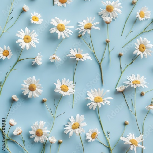 Delicate daisies scattered across a light blue background.