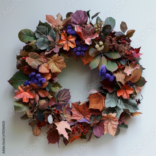 A wreath made of autumn leaves and late blooming flowers.