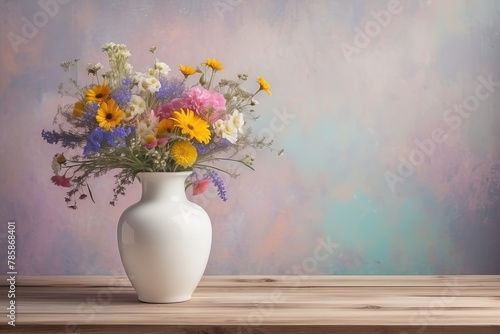 Bouquet of wild flowers in a white vase on wood table at the left, against painted wall. Copy space on the right.