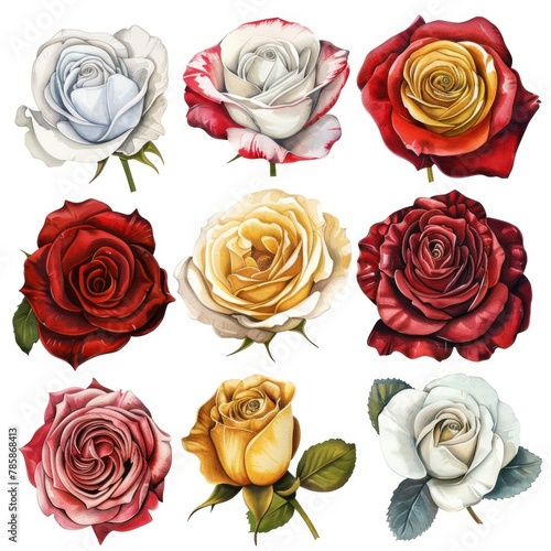 A set of watercolor roses each clipart showing different rose varieties in shades of red