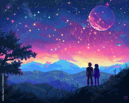 A couple standing on a hilltop, looking at the starry night sky. The sky is full of stars and a large moon. The couple is surrounded by mountains.