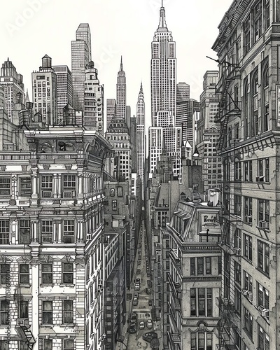 A detailed pen drawing of a busy urban street with tall buildings and cars.