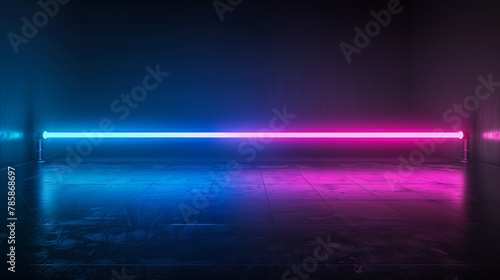 A dark room with a blue and pink light shining through a doorway. The light is creating a smokey effect