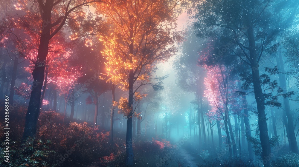 Mystical Forest with Colorful Trees and Soft Glows
