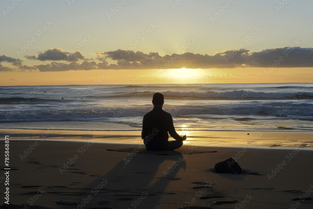 Fototapeta premium A person meditating on the beach at sunrise, their posture serene.