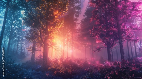 Mystical Forest with Colorful Trees and Soft Glows © Exnoi