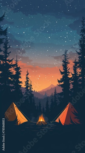 A vector illustration of two tents in the woods with a campfire in between them. There is a forest of pine trees behind the tents and a starry sky above them.