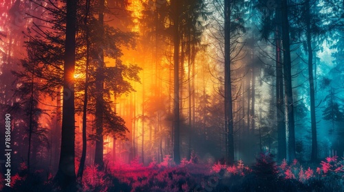 Mystical Forest with Colorful Trees and Soft Glows
