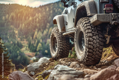 A rugged off-road vehicle navigating a rocky trail.