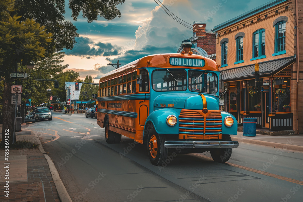 A vintage bus driving through a historic town. The bus's retro design and vibrant colors make it a charming mode of transportation