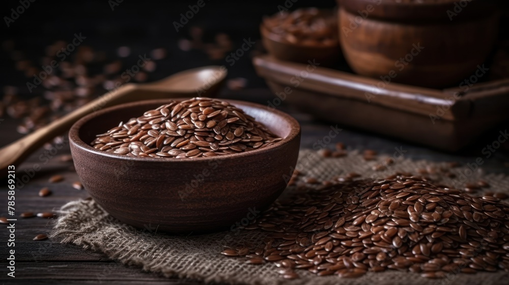 a wooden bowl filled with brown flax seeds, flax, grain gelios lens, strong grain, dark-toned product photos a wooden bowl filled with brown flax seeds, flax, grain gelios lens, strong grain, dark-toned product photos