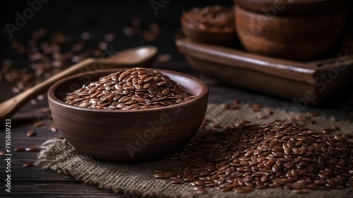 a wooden bowl filled with brown flax seeds, flax, grain gelios lens,  strong grain, dark-toned product photos