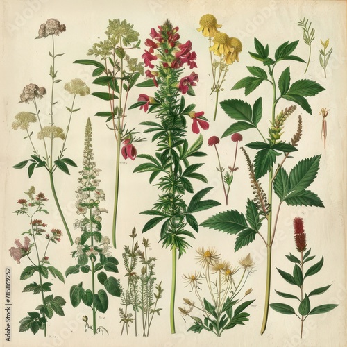 A botanical illustration featuring medicinal plants and herbs.