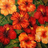 An array of tropical hibiscus in fiery reds and oranges.