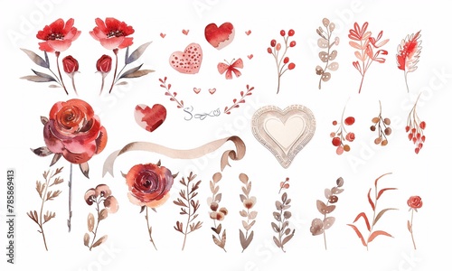 Set of  red elements for wedding invitations with flowers, hearts, leaves, roses. Watercolor illustration. photo