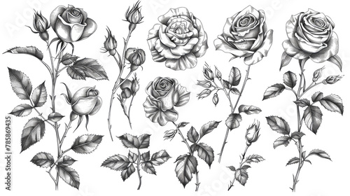 Rose vector set by hand drawing.Beautiful flower on white background isolated background