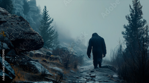 Bigfoot on foggy mountain path