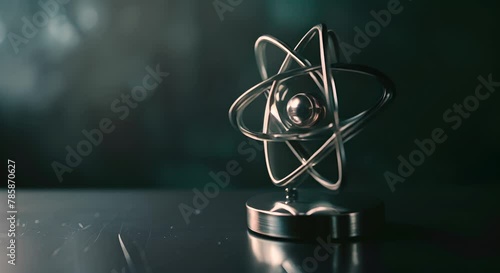 A dark, matte background showcasing a platinum atom model trophy. photo