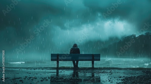 Isolated figure on a bench in a storm photo