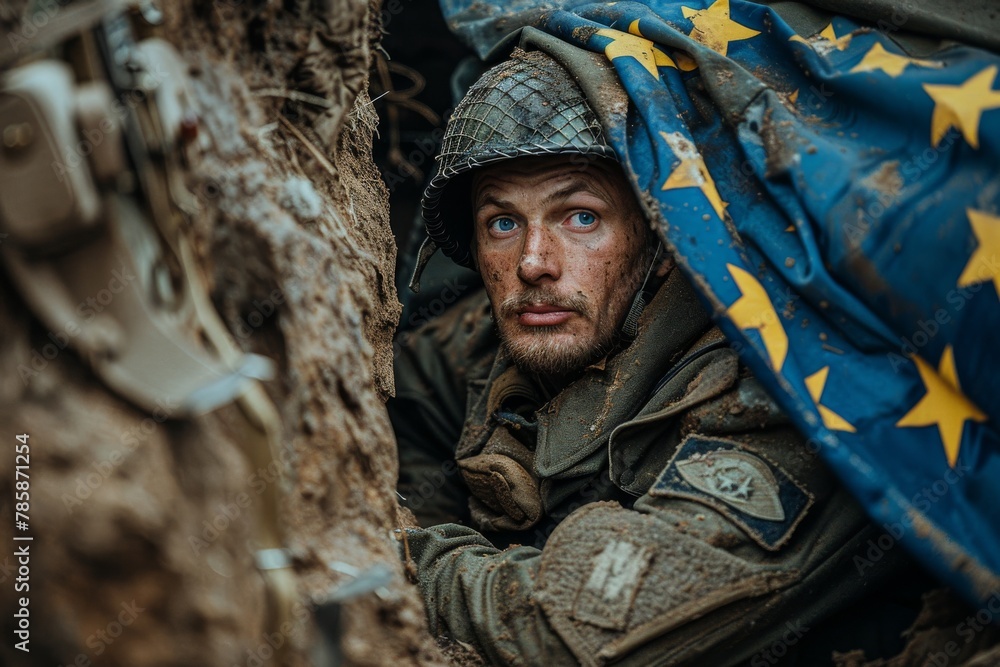 A terrified soldier sits in a trench, having witnessed death and the fear of war. The EU flag waves above his trench. Concept of war in the European Union. 
