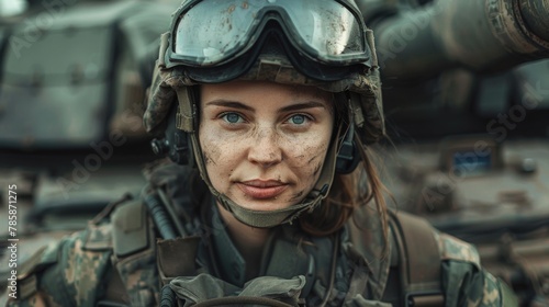 A portrait of a tank crew member wearing a specialized helmet against the backdrop of a tank.