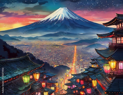 富士山と美しい街並み