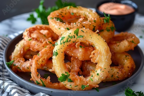 Delicious onion rings are onion rings dipped in batter and then fried to a golden brown. They have a crispy outer crust and a soft, juicy inner layer. They are often served with a spicy sauce or mayon
