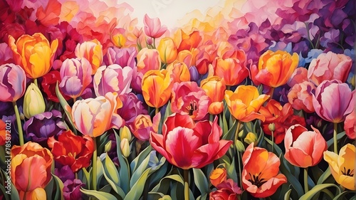 A vibrant tulip garden painted with a myriad of colors