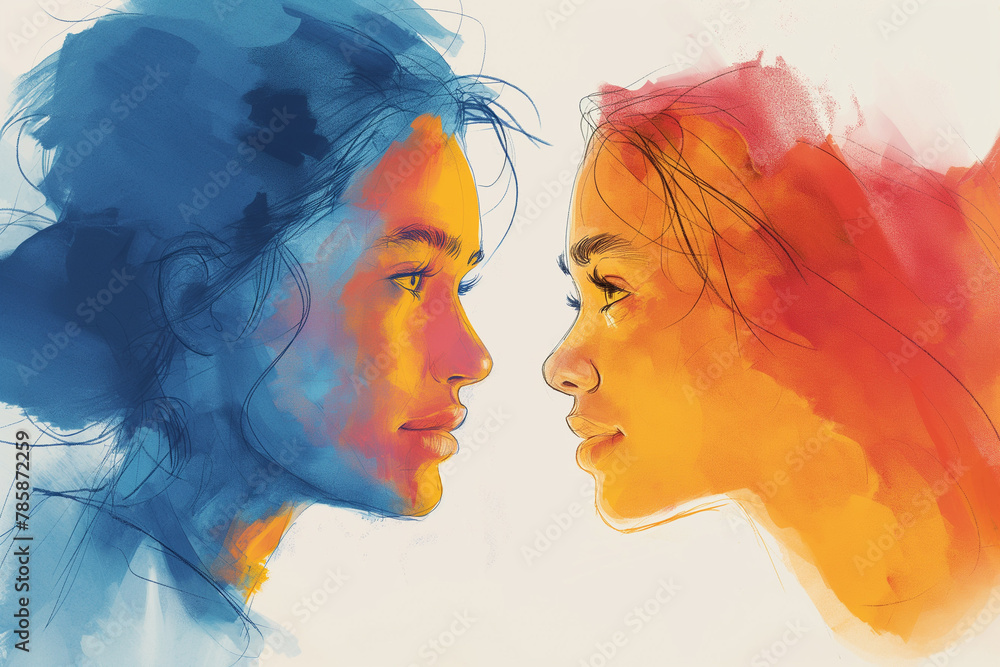 Abstract Watercolor Portraits Facing Each Other