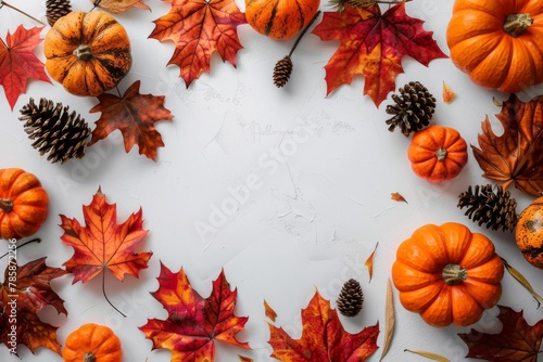 Copy space in center of the photo, with autumn leaves, pumpkins, and pine cones arranged around the edges. white background. 