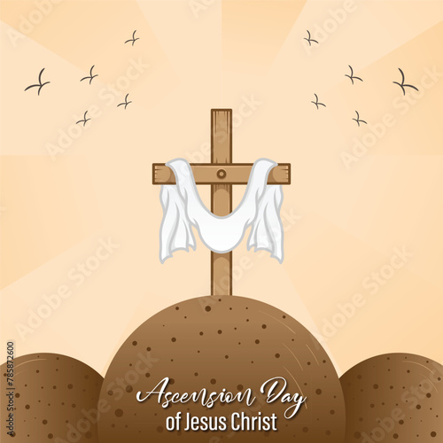 design for celebration of the Ascension of Jesus Christ. with ornaments of heavenly clouds, hills, Jesus, cross and light