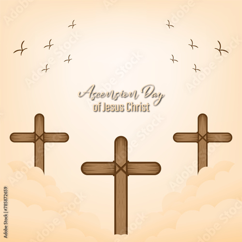 design for celebration of the Ascension of Jesus Christ. with ornaments of heavenly clouds, hills, Jesus, cross and light