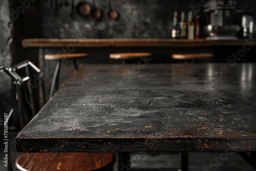 Close-up of industrial-style kitchen table with textured surface and wood stools in the background.