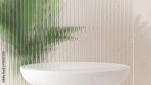 White luxury table podium  green palm tree  reeded fluted glass partition in sunlight on beige wall for modern  elegant fashion  beauty  cosmetic  skincare  body care  product background 3D
