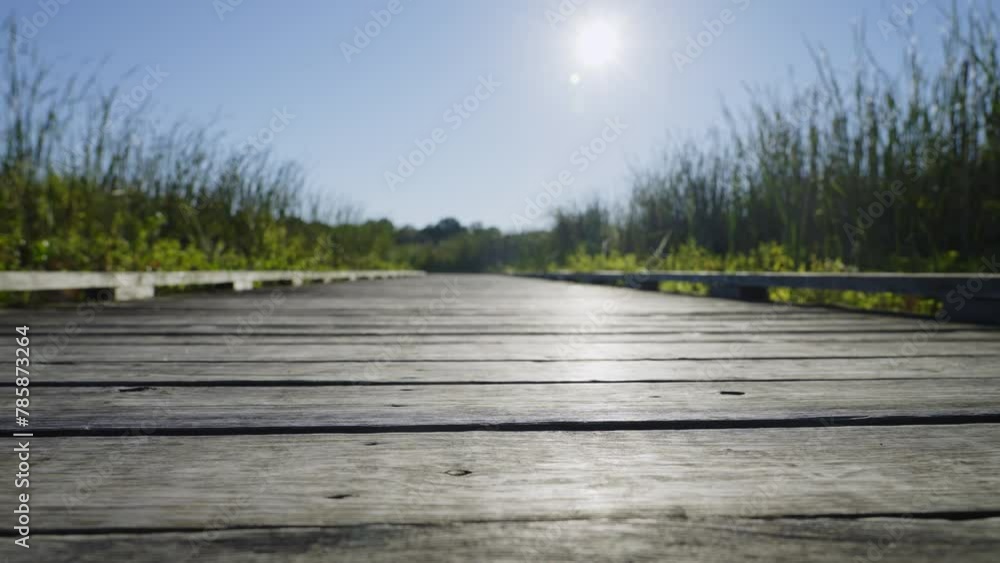 Wooden Boardwalk Along Marshlands During Sunrise. Low Wide Angle Shot Wooden Boardwalk Along Marshlands During Sunrise. Low Wide Angle Shot