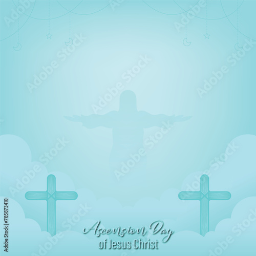 design for celebration of the Ascension of Jesus Christ. with ornaments of heavenly clouds, hills, Jesus, cross and light