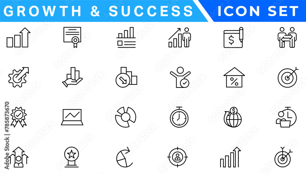 Fototapeta premium Growth and success line icons collection. Big UI icon set in a flat design. Thin outline icons pack. Vector illustration
