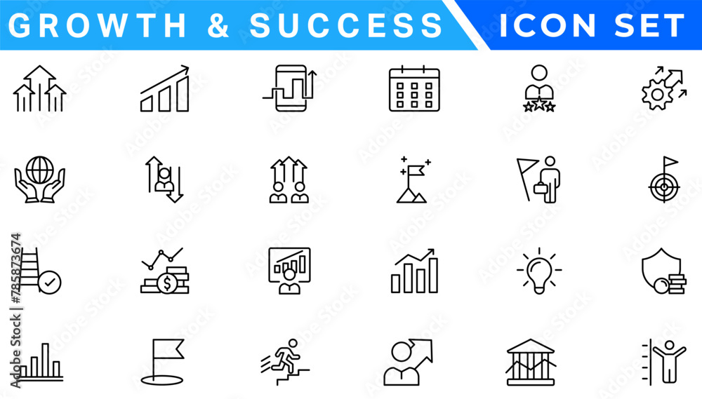 Growth and success line icons collection. Big UI icon set in a flat design. Thin outline icons pack. Vector illustration