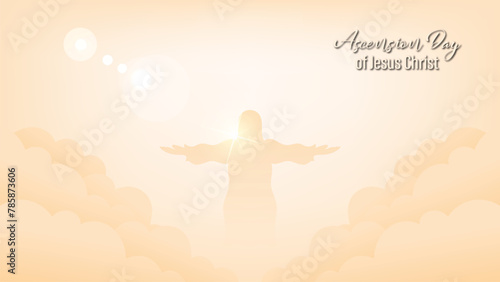 design for celebration of the Ascension of Jesus Christ. with ornaments of heavenly clouds, hills, Jesus, cross and light