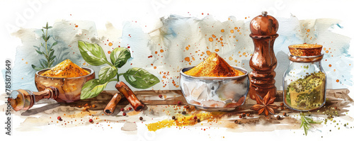 Watercolour Cooking ingredients and other seasonings.